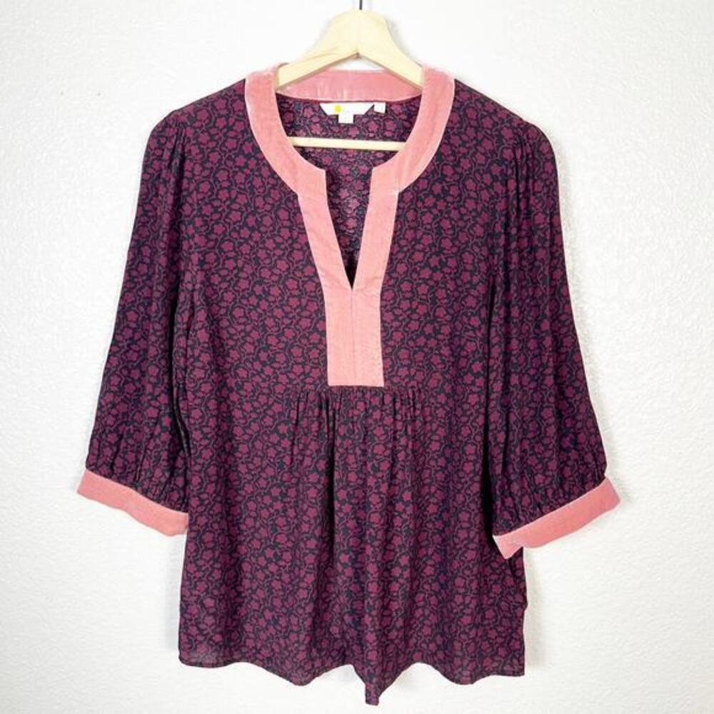 Boden Womens Annabelle Velvet Trim Split‎ Neck Blouse Top Burgundy Floral Size 8 - Picture 2 of 13